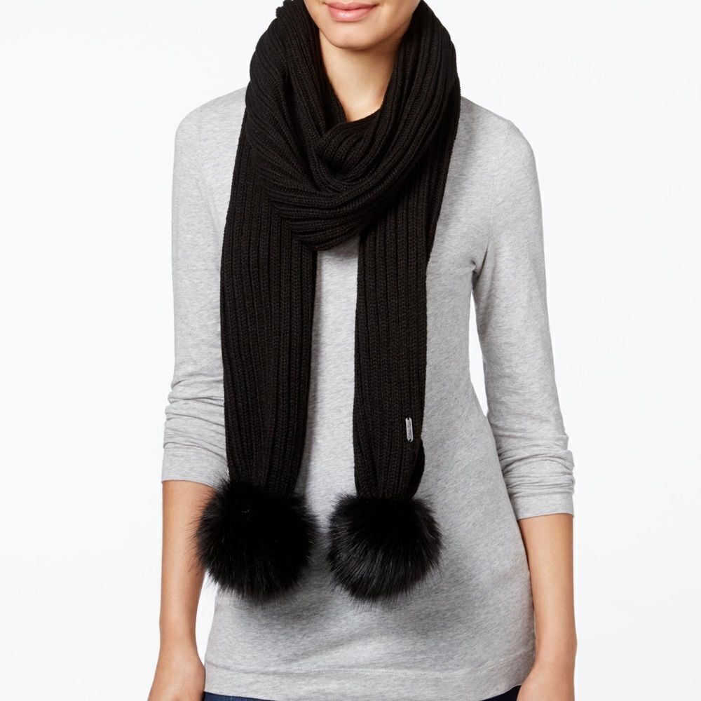 Calvin Klein Ribbed scarf with faux fur pom pom